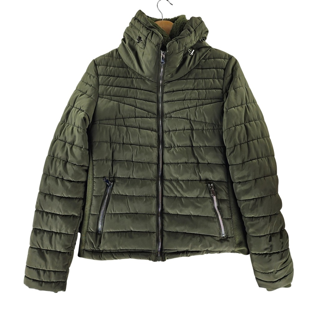Giovanni Gali Puffer Jacket Womens Medium Olive Green Faux Fur Lined Slim Fit